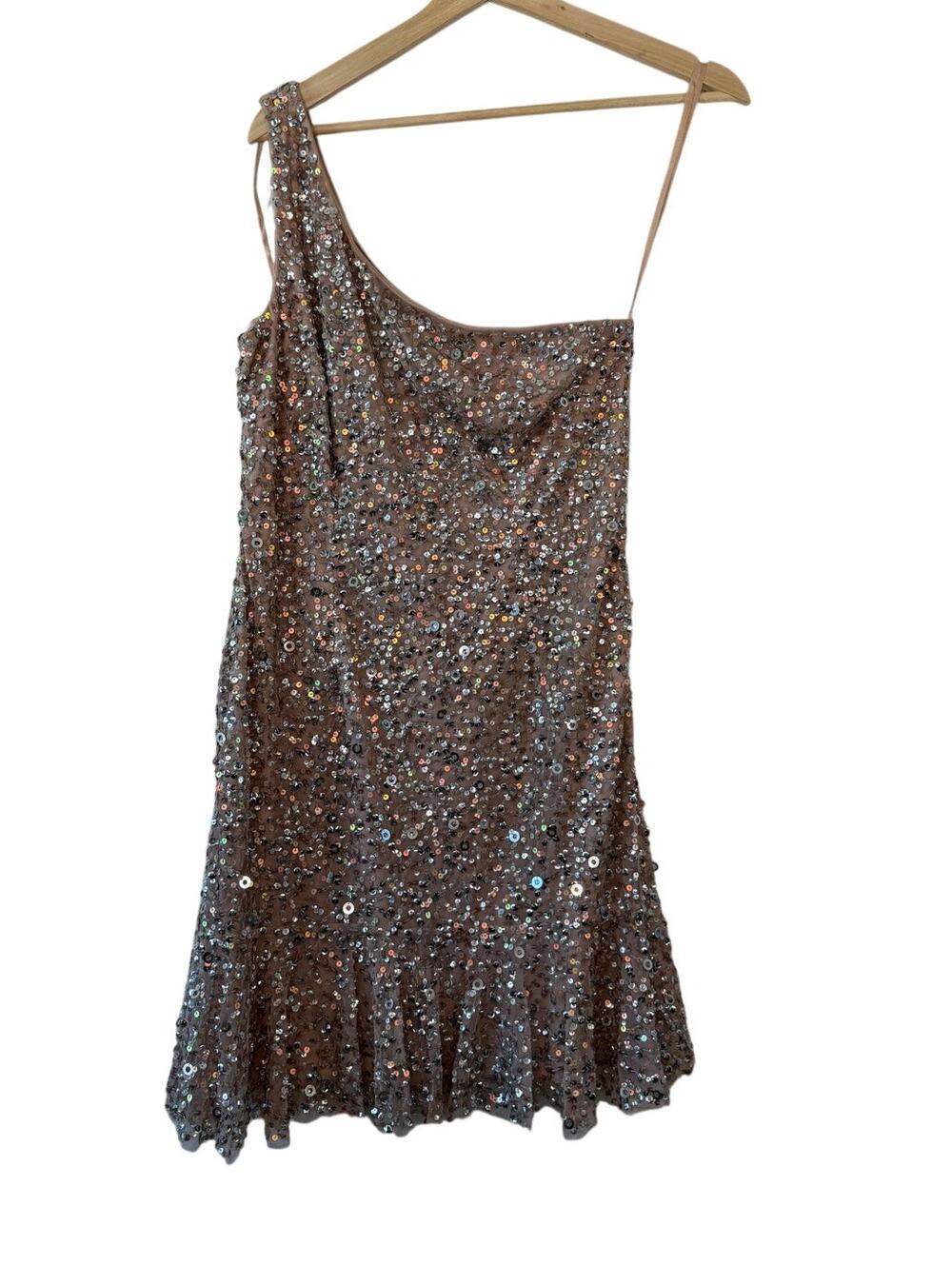 Adrianna Papell Sequin One Shoulder Ruffle Hem Dress Blush Pink Metallic 10